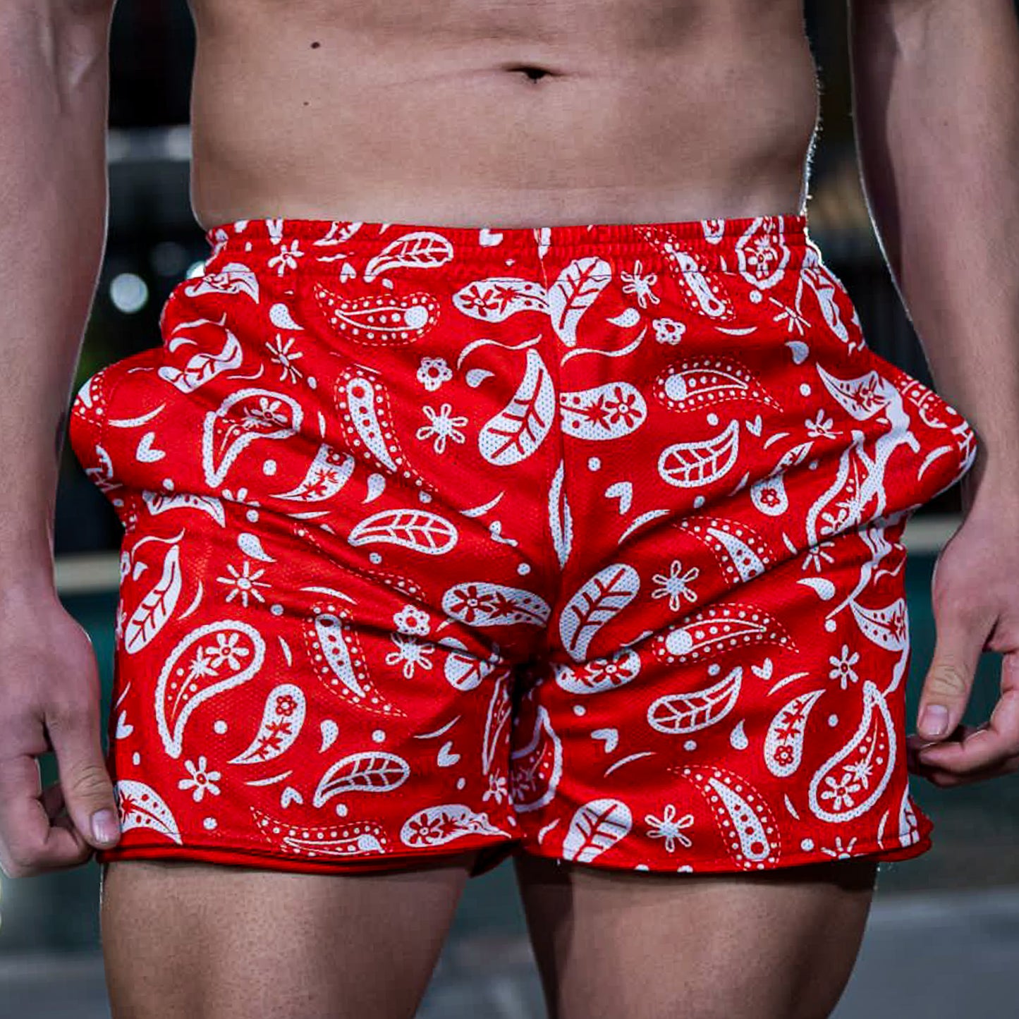 Men's Red & White Mesh Paisley Shorts (Pockets)