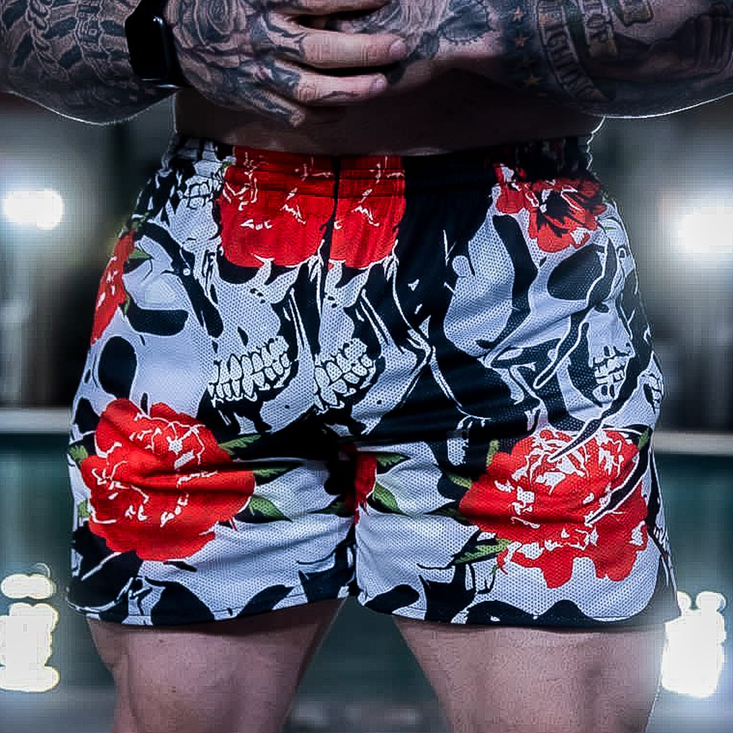 Men's MESH Dark Rose Skull Shorts (Pockets)