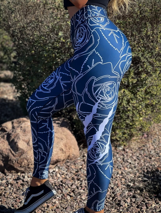 Blue Rose Print Leggings